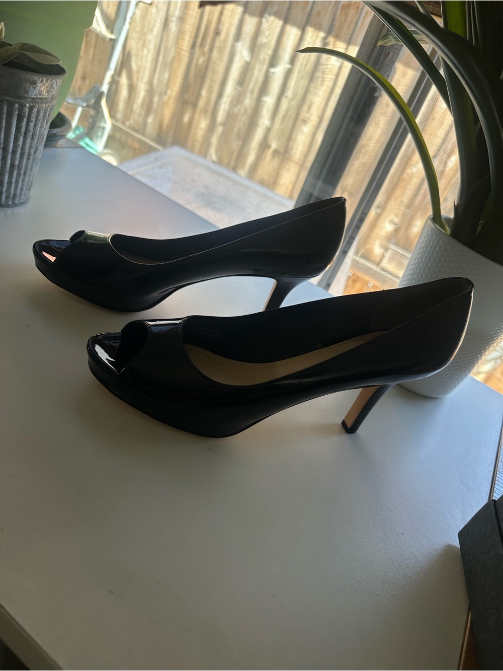 Via Spiga Black Patent Peep-Toe Pumps